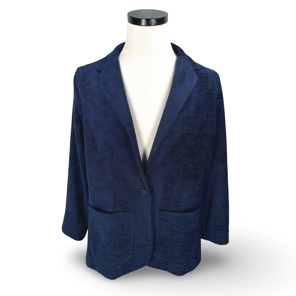 Drew Navy Blue‎ Textured Knit Blazer Jacket Side Stripe Womens Large Made in USA